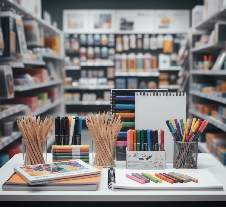 ادوات رسم وتلوين تشمل الوان خشب فلوماستر وكراسات رسم مرتبه على مكتب ادوات مكتبيه