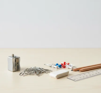 براية أقلام واستيكة ومشابك ودبابيس وأدوات مكتبية صغيرة على مكتب خشبي