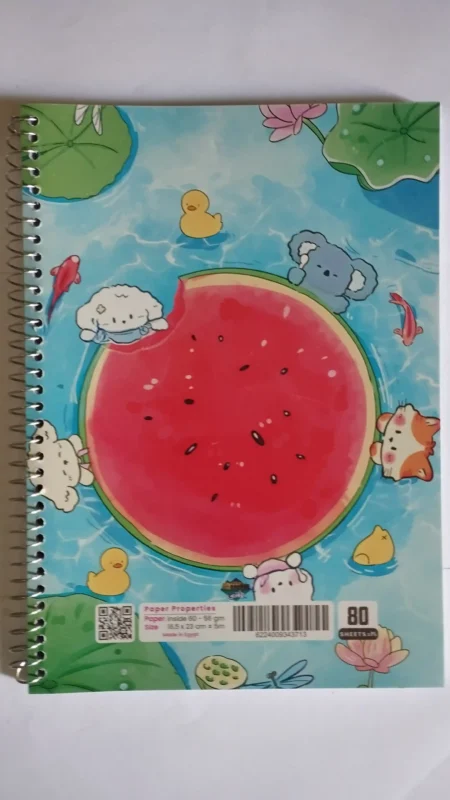 كشكول سلك 80 ورقه غلاف ملون بتصميم بطيخ وحيوانات كرتونيه مناسب للدراسه والكتابه اليوميه من متجر ادوات مكتبيه اونلاين داخل مصر.