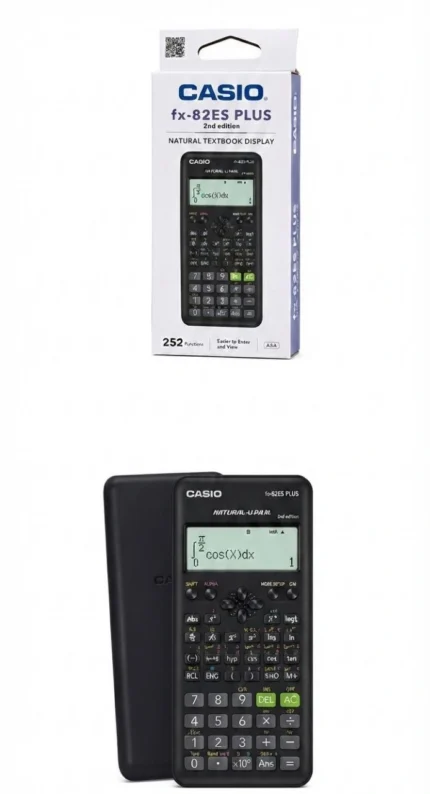 محتويات عبوة آلة حاسبة كاسيو Casio FX-82ES Plus الأصلية تشمل الآلة الحاسبة والغطاء والعلبة ودليل الاستخدام.