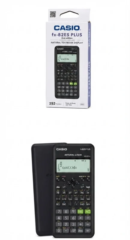 محتويات عبوة آلة حاسبة كاسيو Casio FX-82ES Plus الأصلية تشمل الآلة الحاسبة والغطاء والعلبة ودليل الاستخدام.